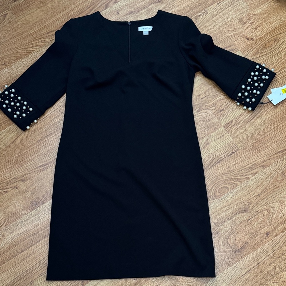 Calvin Klein Black Dress with Pearl Sleeve Detail